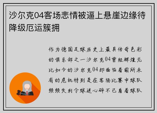 沙尔克04客场悲情被逼上悬崖边缘待降级厄运簇拥